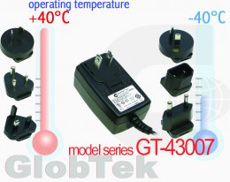 Wall plug in power supply AC Adapter operating temperature specifications upgraded to -40°C TO +40° C for applications used in extreme climates and conditions, Model series GT-43007 Wall plug in power supply AC Adapter operating temperature specifications upgraded to -40°C TO +40° C for applications used in extreme climates and conditions, Model series GT-43007